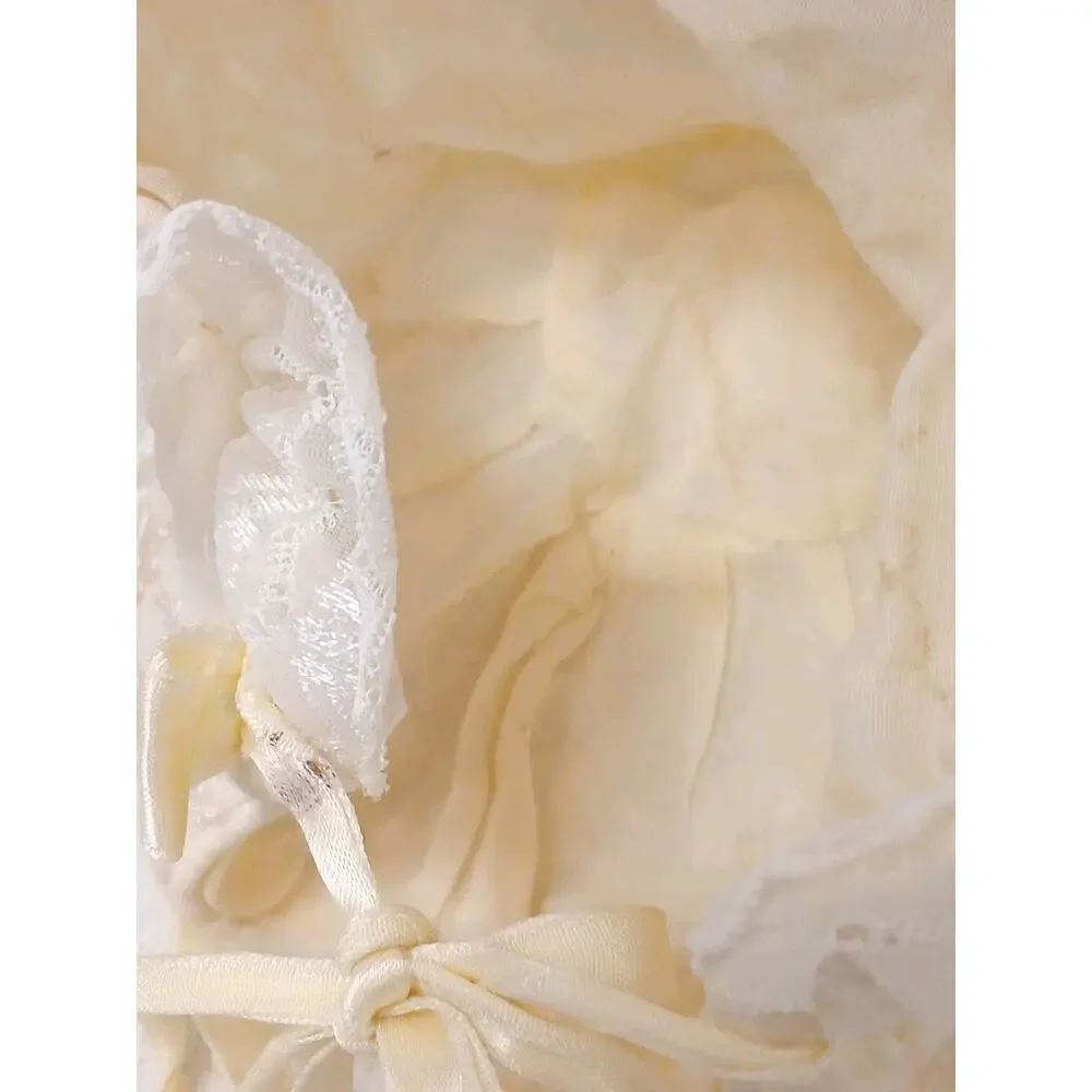 Antique Baby Bonnet Size Small Ivory Ruffled Lace Light Yellow Infant 0-2 Months